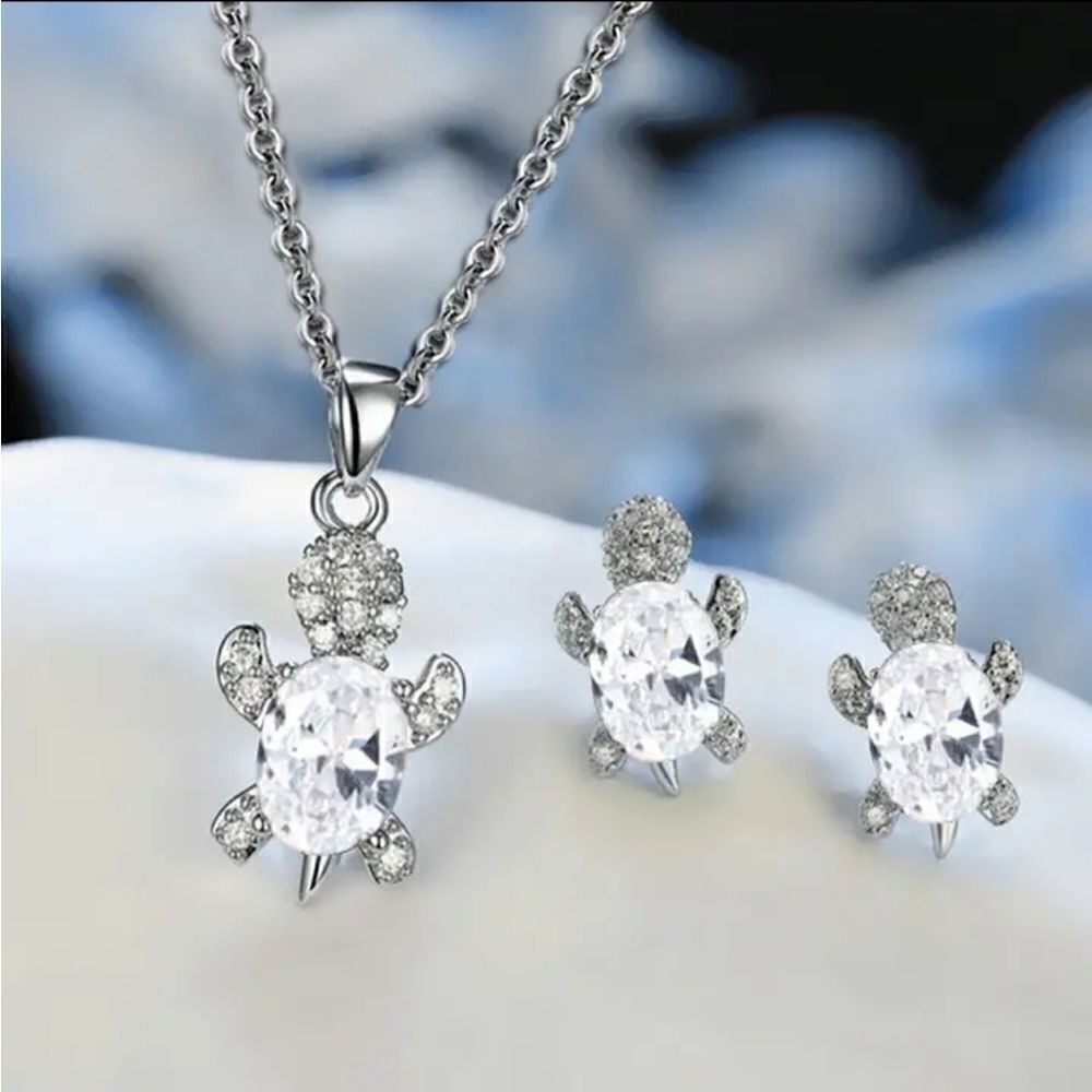 Silver Crystal Diamond Turtle Necklace and Earring Set